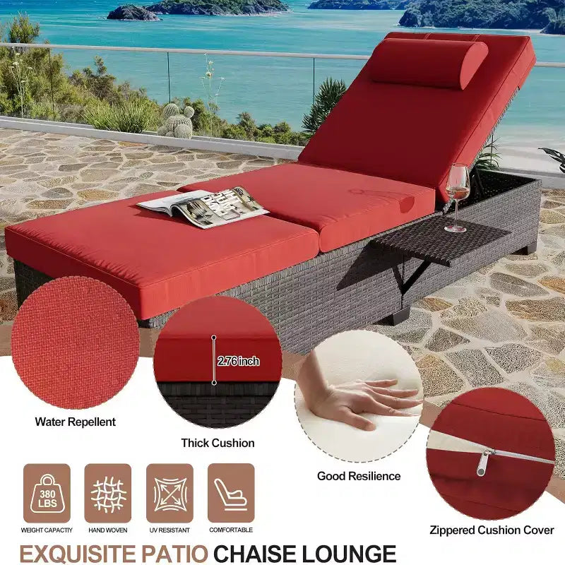 GustoWave 2 Pieces Outdoor PE Wicker Lounger Set, Pool Lounge Chair, Adjustable Backrest Lounger
