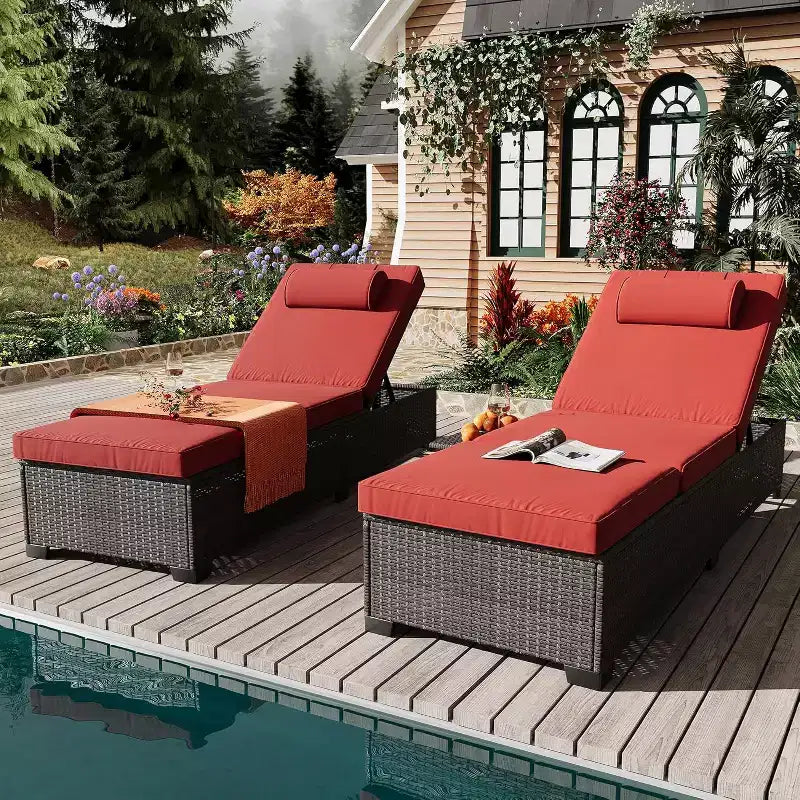 GustoWave 2 Pieces Outdoor PE Wicker Lounger Set, Pool Lounge Chair, Adjustable Backrest Lounger