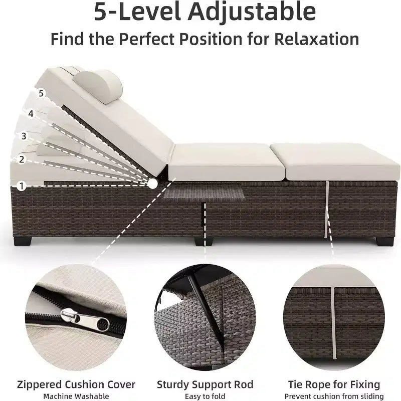GustoWave 2 Pieces Outdoor PE Wicker Lounger Set, Pool Lounge Chair, Adjustable Backrest Lounger