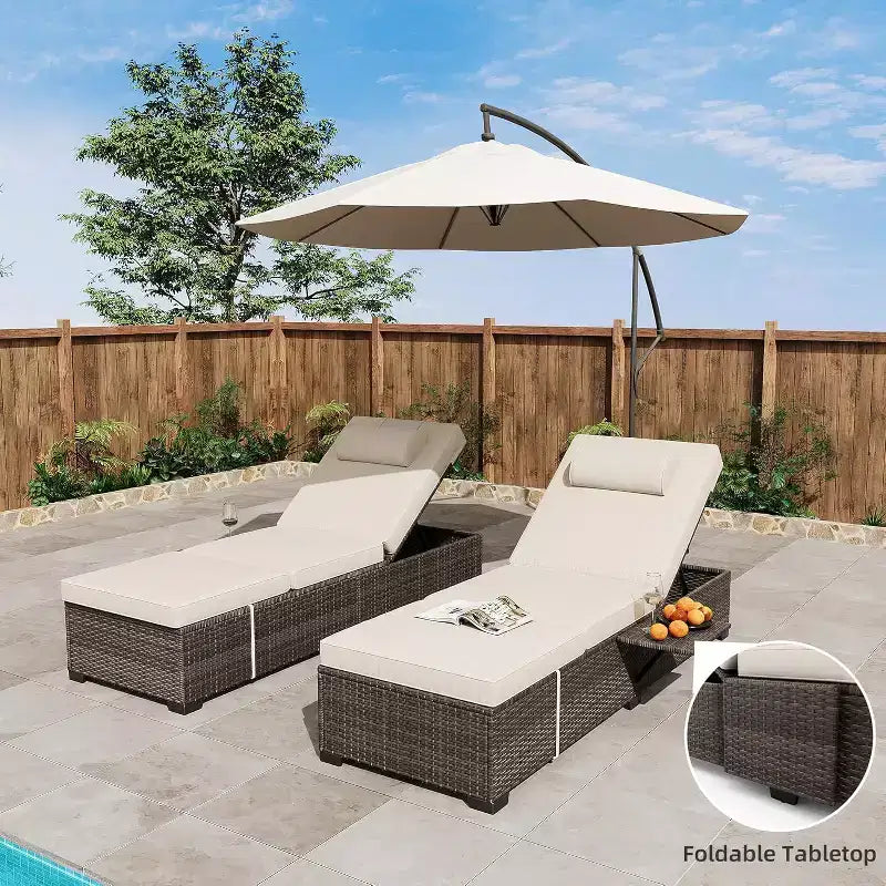 GustoWave 2 Pieces Outdoor PE Wicker Lounger Set, Pool Lounge Chair, Adjustable Backrest Lounger