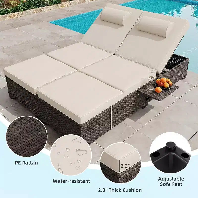 GustoWave 2 Pieces Outdoor PE Wicker Lounger Set, Pool Lounge Chair, Adjustable Backrest Lounger