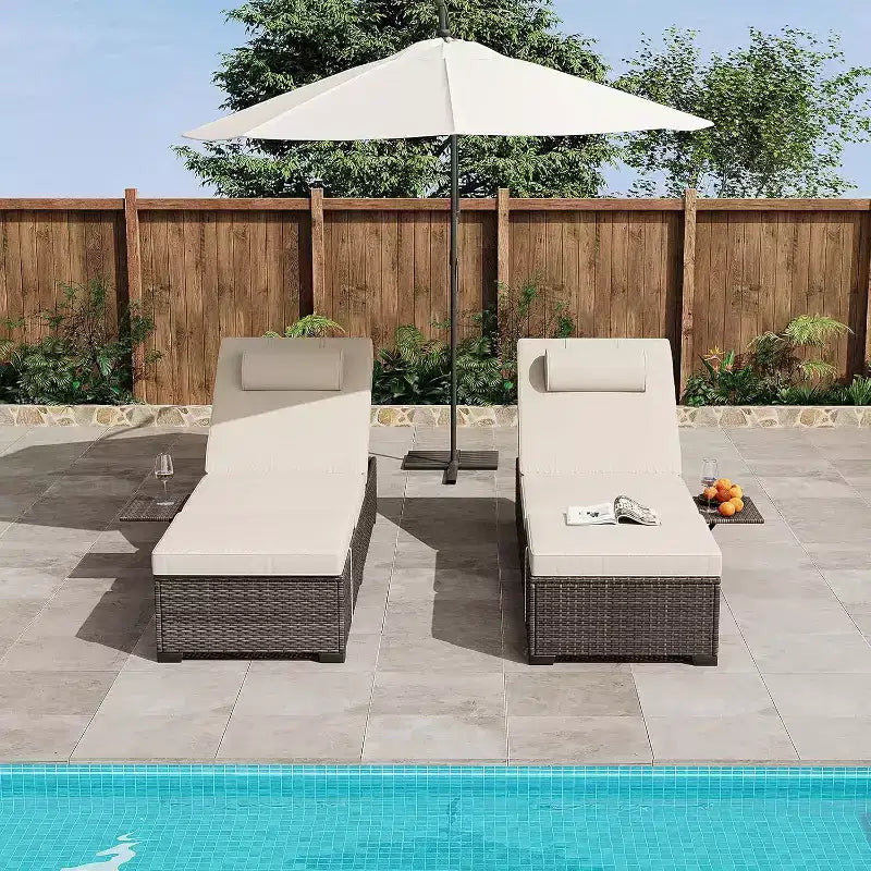 GustoWave 2 Pieces Outdoor PE Wicker Lounger Set, Pool Lounge Chair, Adjustable Backrest Lounger