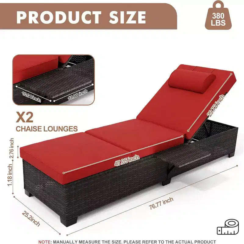 GustoWave 2 Pieces Outdoor PE Wicker Lounger Set, Pool Lounge Chair, Adjustable Backrest Lounger