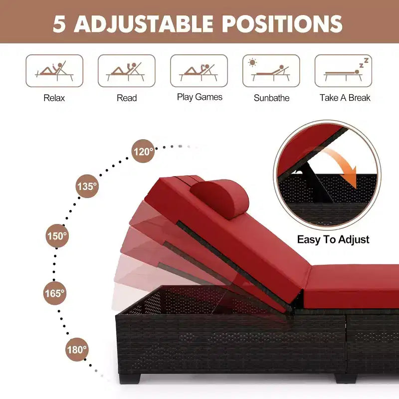 GustoWave 2 Pieces Outdoor PE Wicker Lounger Set, Pool Lounge Chair, Adjustable Backrest Lounger
