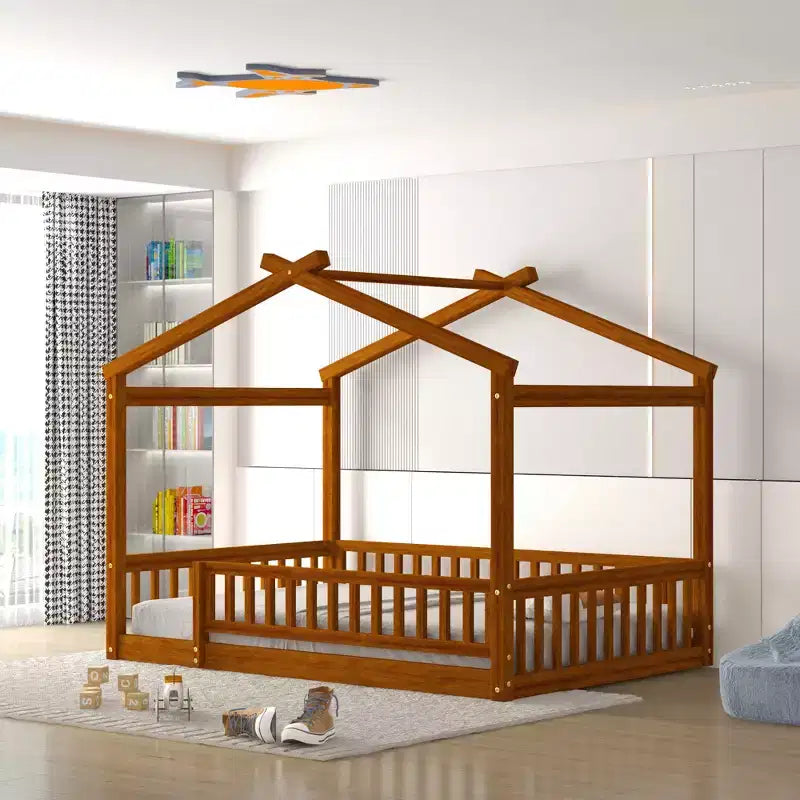 GDFStudio Modern Astrid Wooden House Bed with Fence