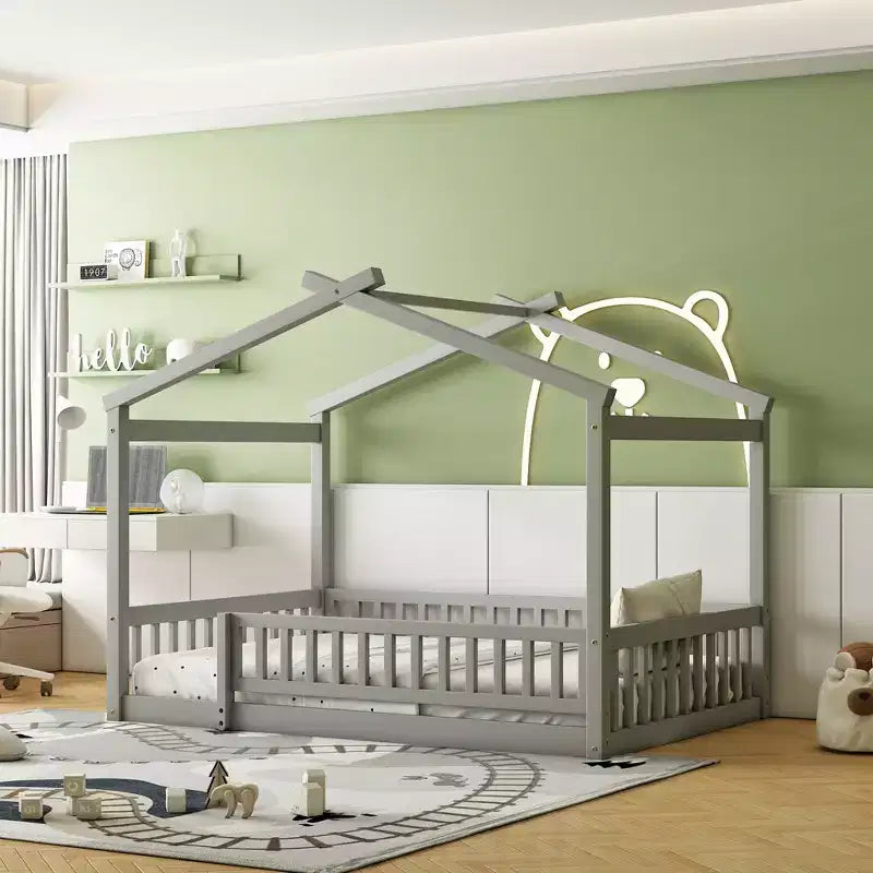 GDFStudio Modern Astrid Wooden House Bed with Fence