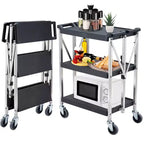 Utility Cart, Rolling Cart - Heavy Duty 3-Shelf Foldable with Wheels, 330 Lbs Capacity, Collapsible Service Cart (Black)