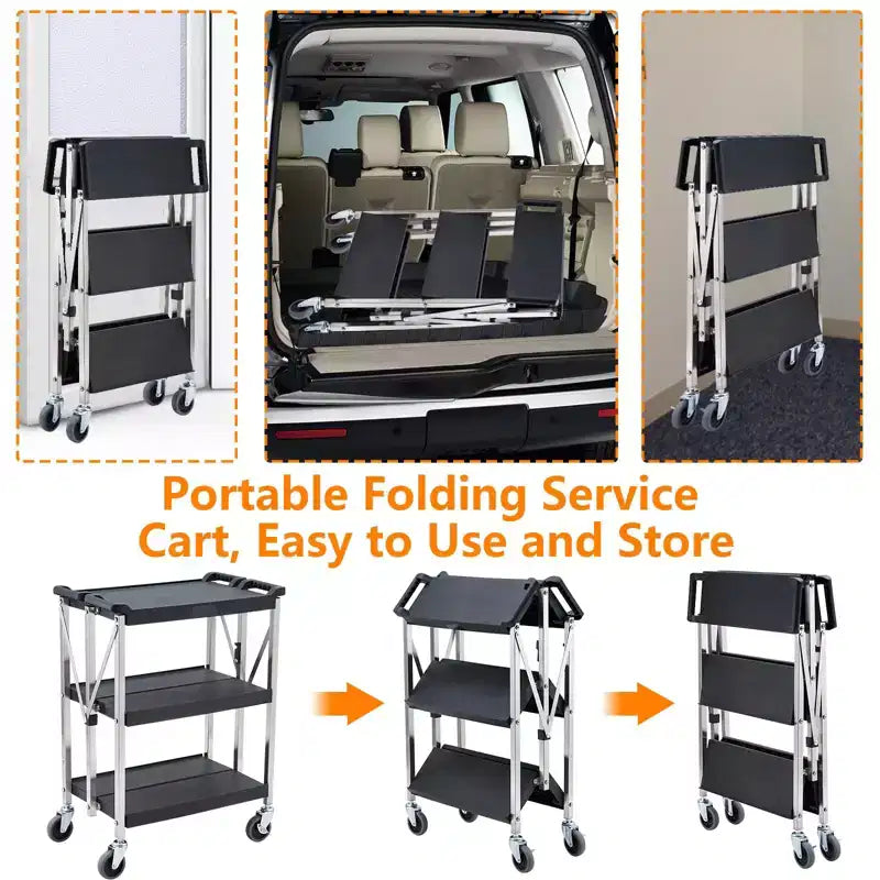 Chariot de rangement pliable à 3 niveaux et roulettes, chariot utilitaire robuste avec capacité de 150 kg (Noir)