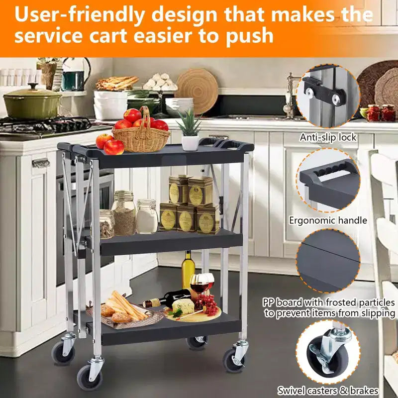 Chariot de rangement pliable à 3 niveaux et roulettes, chariot utilitaire robuste avec capacité de 150 kg (Noir)