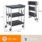 Chariot de rangement pliable à 3 niveaux et roulettes, chariot utilitaire robuste avec capacité de 150 kg (Noir)