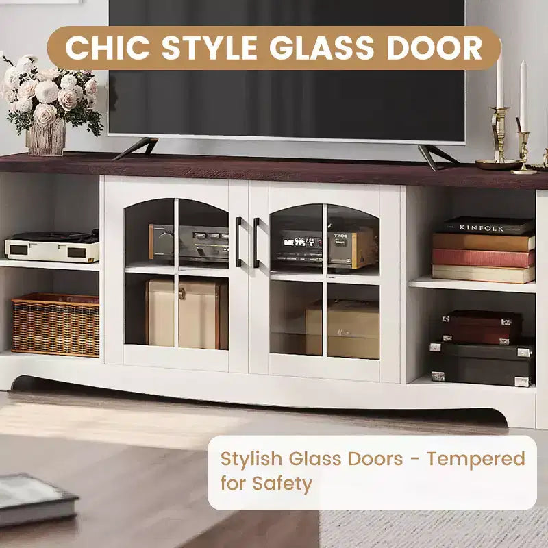 Meuble TV en bois EROMMY 58 avec portes en verre et étagères réglables