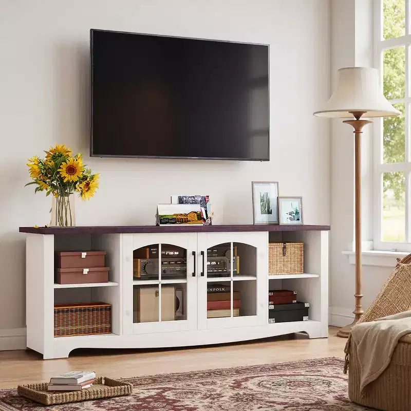 Meuble TV en bois EROMMY 58 avec portes en verre et étagères réglables