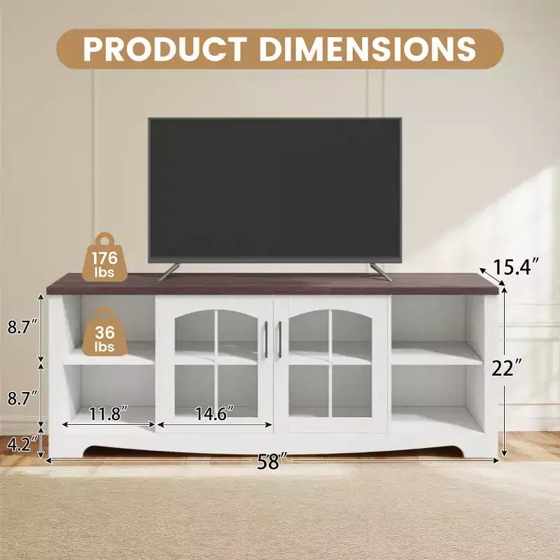 Meuble TV en bois EROMMY 58 avec portes en verre et étagères réglables