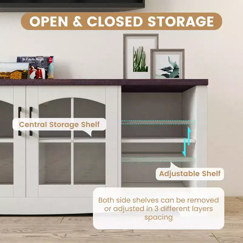 Meuble TV en bois EROMMY 58 avec portes en verre et étagères réglables