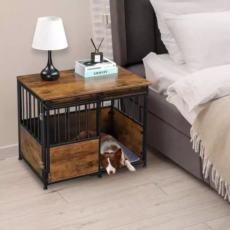 31.4 Dual-Function Pet Crate End Table  Wooden & Metal Pet House with Storage Top