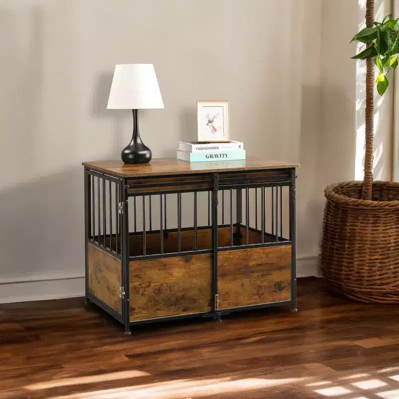 31.4 Dual-Function Pet Crate End Table  Wooden & Metal Pet House with Storage Top