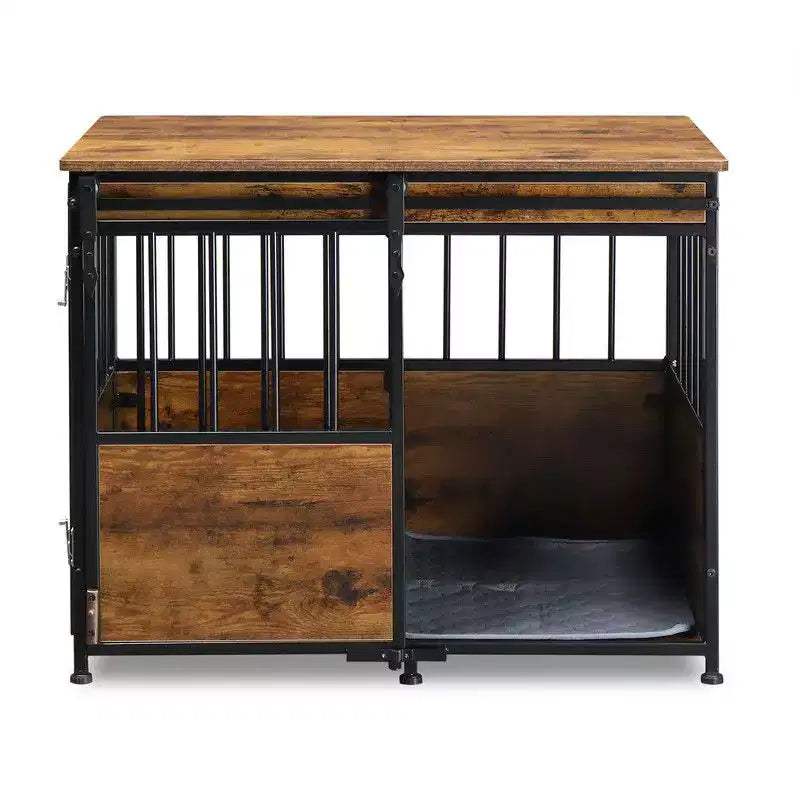 31.4 Dual-Function Pet Crate End Table  Wooden & Metal Pet House with Storage Top