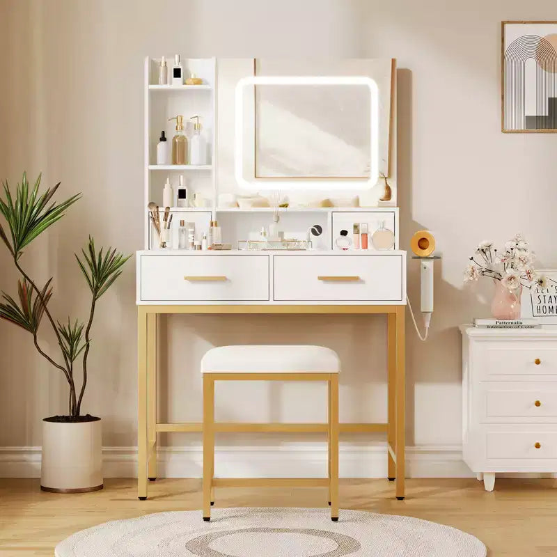 Makeup Vanity Desk with Mirror and Lights, 4 Drawers, 2 Storage Shelves, Built-in Charging Station, White and Gold Vanity Table with LED Light