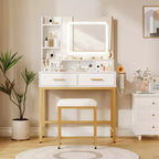 Makeup Vanity Desk with Mirror and Lights, 4 Drawers, 2 Storage Shelves, Built-in Charging Station, White and Gold Vanity Table with LED Light