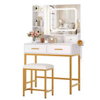 Makeup Vanity Desk with Mirror and Lights, 4 Drawers, 2 Storage Shelves, Built-in Charging Station, White and Gold Vanity Table with LED Light