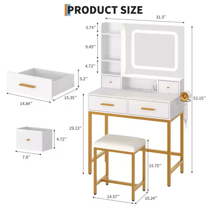 Makeup Vanity Desk with Mirror and Lights, 4 Drawers, 2 Storage Shelves, Built-in Charging Station, White and Gold Vanity Table with LED Light
