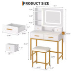 Makeup Vanity Desk with Mirror and Lights, 4 Drawers, 2 Storage Shelves, Built-in Charging Station, White and Gold Vanity Table with LED Light