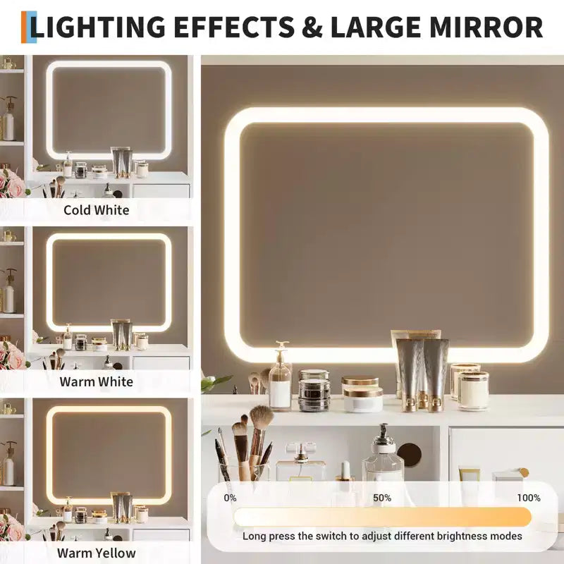 Makeup Vanity Desk with Mirror and Lights, 4 Drawers, 2 Storage Shelves, Built-in Charging Station, White and Gold Vanity Table with LED Light