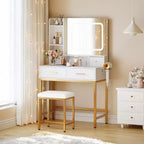 Makeup Vanity Desk with Mirror and Lights, 4 Drawers, 2 Storage Shelves, Built-in Charging Station, White and Gold Vanity Table with LED Light