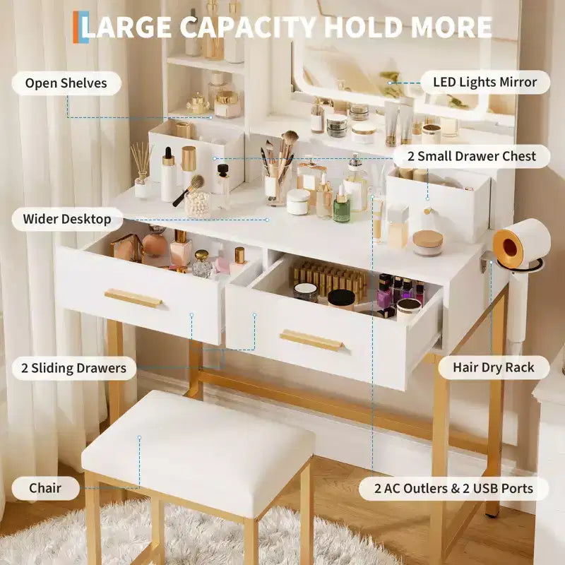 Makeup Vanity Desk with Mirror and Lights, 4 Drawers, 2 Storage Shelves, Built-in Charging Station, White and Gold Vanity Table with LED Light