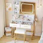 Makeup Vanity Desk with Mirror and Lights, 4 Drawers, 2 Storage Shelves, Built-in Charging Station, White and Gold Vanity Table with LED Light