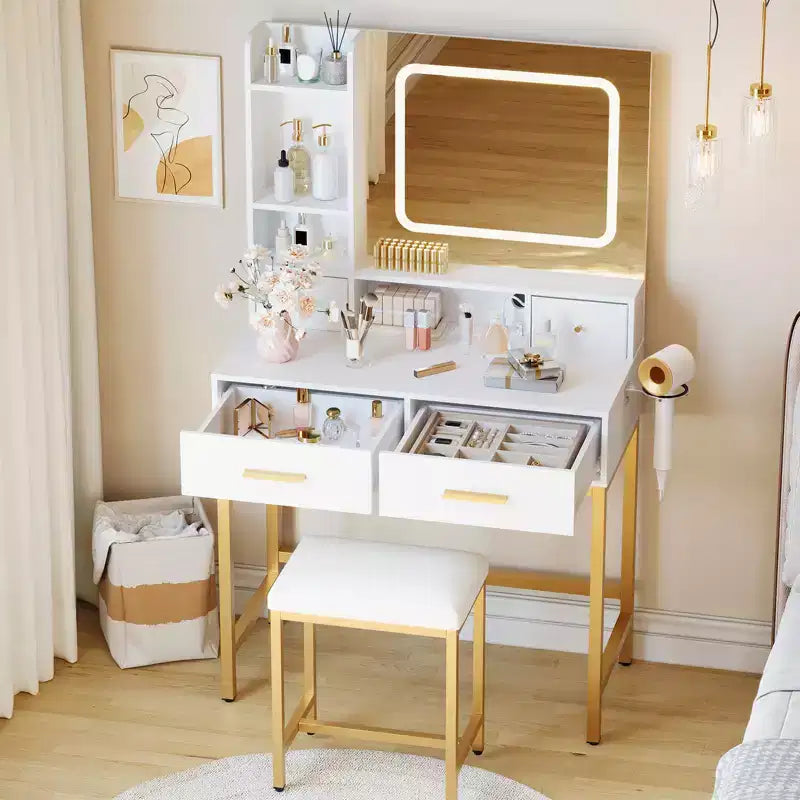 Makeup Vanity Desk with Mirror and Lights, 4 Drawers, 2 Storage Shelves, Built-in Charging Station, White and Gold Vanity Table with LED Light