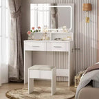 Coiffeuse avec miroir LED réglable 3 couleurs, petite table de maquillage avec prise de courant, 2 tiroirs et tabouret rembourré pour chambre à coucher