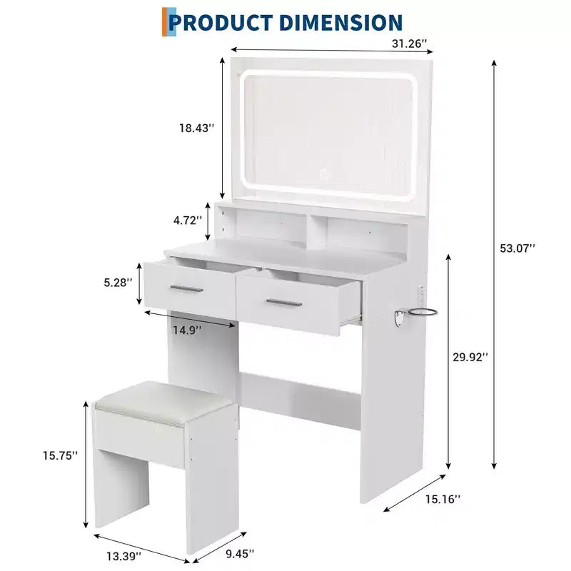 Coiffeuse avec miroir LED réglable 3 couleurs, petite table de maquillage avec prise de courant, 2 tiroirs et tabouret rembourré pour chambre à coucher