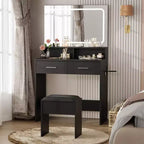 Coiffeuse avec miroir LED réglable 3 couleurs, petite table de maquillage avec prise de courant, 2 tiroirs et tabouret rembourré pour chambre à coucher