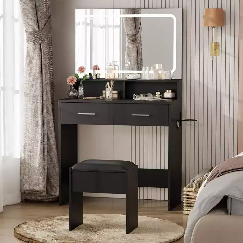 Coiffeuse avec miroir LED réglable 3 couleurs, petite table de maquillage avec prise de courant, 2 tiroirs et tabouret rembourré pour chambre à coucher