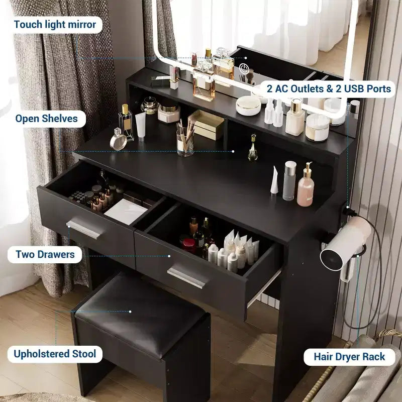 Coiffeuse avec miroir LED réglable 3 couleurs, petite table de maquillage avec prise de courant, 2 tiroirs et tabouret rembourré pour chambre à coucher