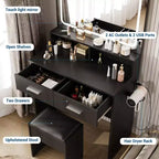 Coiffeuse avec miroir LED réglable 3 couleurs, petite table de maquillage avec prise de courant, 2 tiroirs et tabouret rembourré pour chambre à coucher