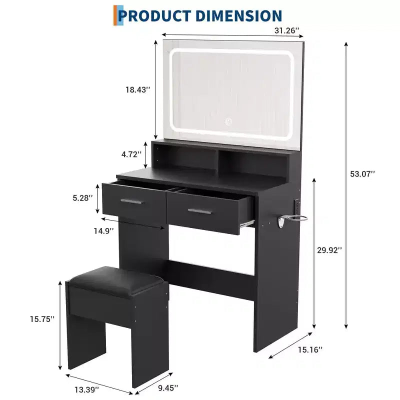 Coiffeuse avec miroir LED réglable 3 couleurs, petite table de maquillage avec prise de courant, 2 tiroirs et tabouret rembourré pour chambre à coucher
