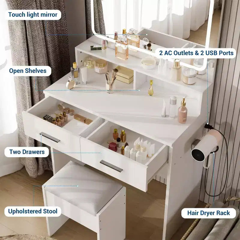 Coiffeuse avec miroir LED réglable 3 couleurs, petite table de maquillage avec prise de courant, 2 tiroirs et tabouret rembourré pour chambre à coucher