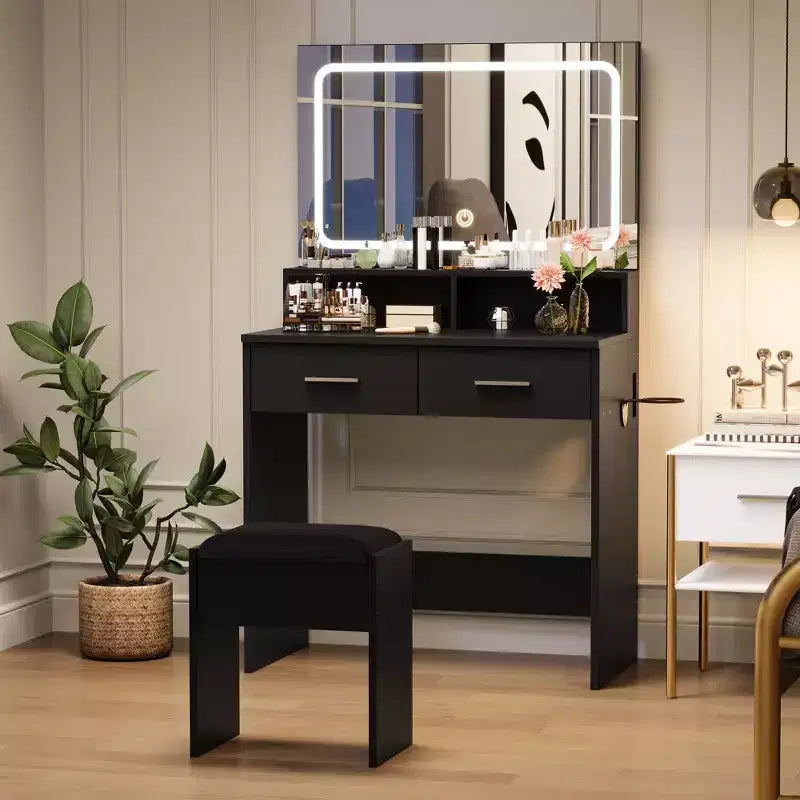 Vanity Set with 3-Color Adjustable LED Mirror, Small Makeup Desk with Power Outlet, 2 Drawers and Cushion Stool Set for Bedroom