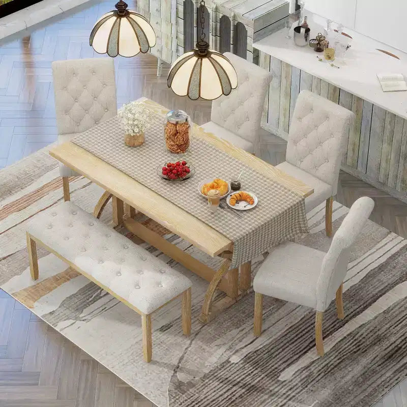 Ensemble de salle à manger de ferme pour 4 personnes, table de cuisine rectangulaire avec 4 chaises rembourrées et un banc