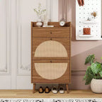 MAYEERTY Rattan Shoe Cabinets 2 Doors 1 Drawers Shoe Rack Double Layer Suitaable for Entrance Walnut