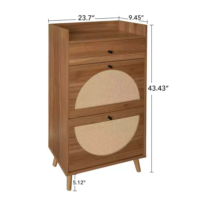MAYEERTY Meuble à chaussures en rotin 2 portes 1 tiroir, Étagère à chaussures double couche adaptée pour l'entrée Noyer