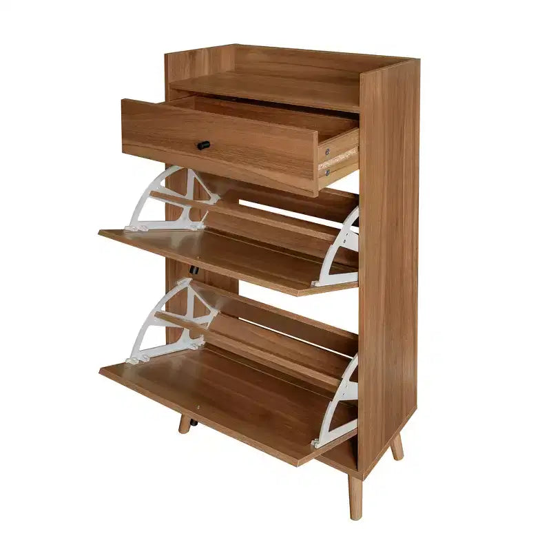 MAYEERTY Meuble à chaussures en rotin 2 portes 1 tiroir, Étagère à chaussures double couche adaptée pour l'entrée Noyer