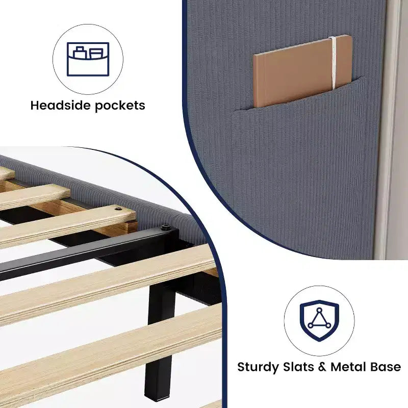 King Bed Frame with Wingback Headboard, Velvet Upholstery Platform Bed, No Box Spring Needed, Wood Slats Support, Noise Free, Easy Assembly