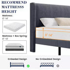 King Bed Frame with Wingback Headboard, Velvet Upholstery Platform Bed, No Box Spring Needed, Wood Slats Support, Noise Free, Easy Assembly