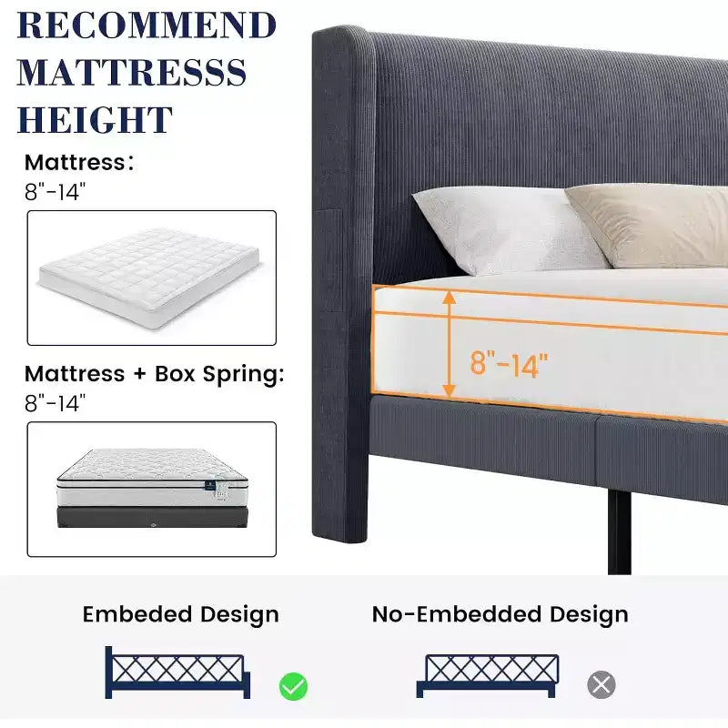 King Bed Frame with Wingback Headboard, Velvet Upholstery Platform Bed, No Box Spring Needed, Wood Slats Support, Noise Free, Easy Assembly