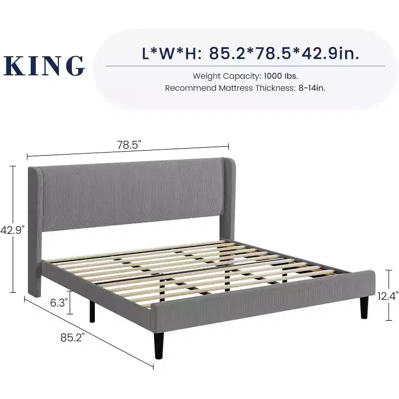 King Bed Frame with Wingback Headboard, Velvet Upholstery Platform Bed, No Box Spring Needed, Wood Slats Support, Noise Free, Easy Assembly