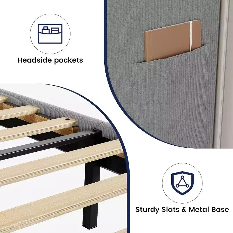 King Bed Frame with Wingback Headboard, Velvet Upholstery Platform Bed, No Box Spring Needed, Wood Slats Support, Noise Free, Easy Assembly