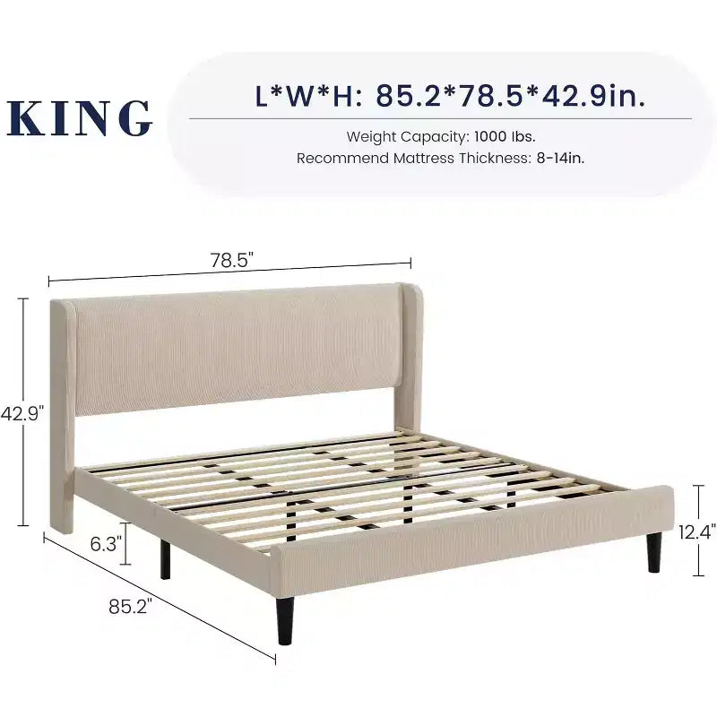 King Bed Frame with Wingback Headboard, Velvet Upholstery Platform Bed, No Box Spring Needed, Wood Slats Support, Noise Free, Easy Assembly